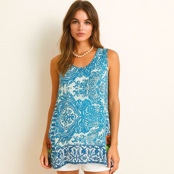 Johnny Was XL 100% Silk Tank Top Handkerchief Tunic Cream Blue Floral Coastal - Picture 1 of 6